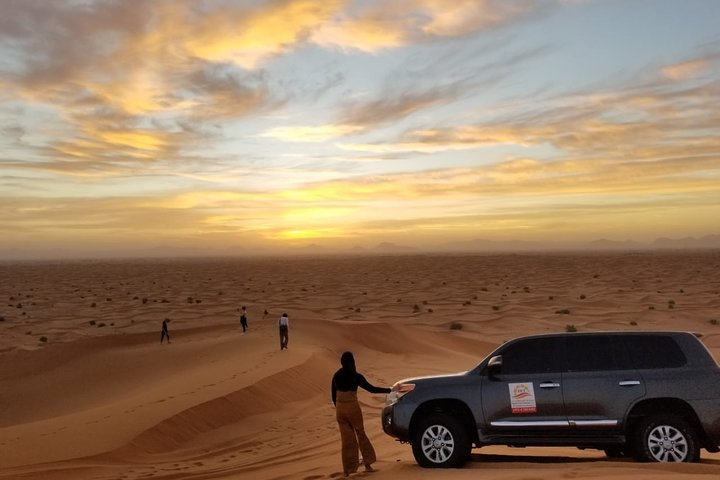 Experience the serene beauty of the morning desert where golden dunes meet a stunning sky perfect for camel rides and spotting local wildlife like gazelles and Arabian oryx.